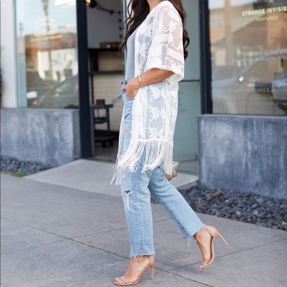 Dex Embroidered Fringed Mesh Kimono - Picture 4 of 10